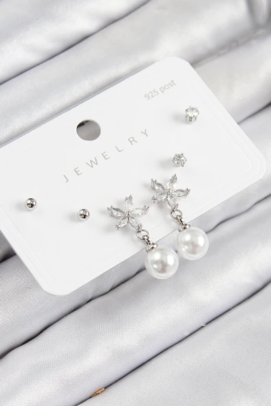 Pirinç Zirkon Taşlı İnci Sallantılı Çiçek Model Gümüş Renk 925 Ayar Gümüş Çivi Kadın Küpe Set - EBJ250816W37389 ürün görseli