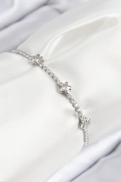 Pirinç Zirkon Taşlı Yıldız Model Gümüş Renk Asansörlü Kadın Bileklik - EBJ250816W37443 ürün görseli