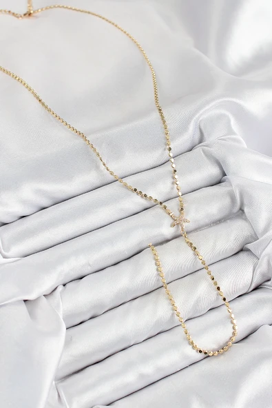 Pirinç Zirkon Taşlı Ezme Zincirli Deniz Yıldızı Model Gold Renk Y Kolye - EBJ250816W37257 - Resim 2