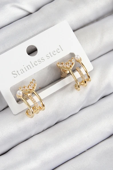 Pirinç Zirkon Taşlı İnci Detaylı Balık Kuyruğu Model Gold Renk Kadın Küpe - EBJ250816W37175 ürün görseli