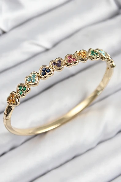 Pirinç Renkli Zirkon Taşlı Sıralı Kalp Model Gold Renk Kadın Kelepçe - EBJ250816W37202 ürün görseli