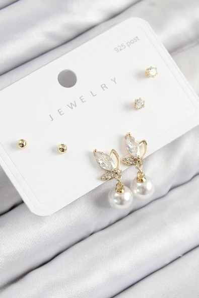 Pirinç Zirkon Taşlı İnci Sallantılı Damla Model Gold Renk 925 Ayar Gümüş Çivi Kadın Küpe Set - EBJ250816W37398 ürün görseli