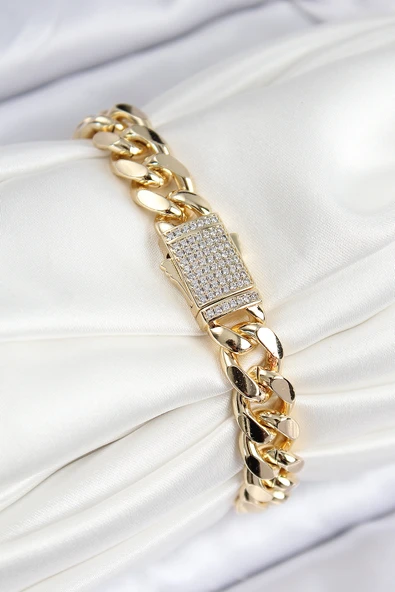 VIP Pirinç Zirkon Taşlı Cuba Model Gold Renk Kadın Bileklik - EBJ250816W37511 - Resim 2