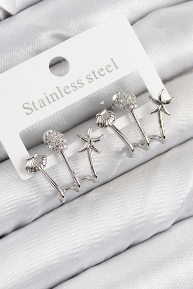 Pirinç Zirkon Taşlı Deniz Yıldızı ve İstiridye Model Gümüş Renk Kadın Küpe - EBJ250816W37186 ürün görseli