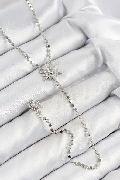 Pirinç Zirkon Taşlı Ezme Zincirli Kutup Yıldızı Model Gümüş Renk Y Kolye - EBJ250816W37258 ürün görseli