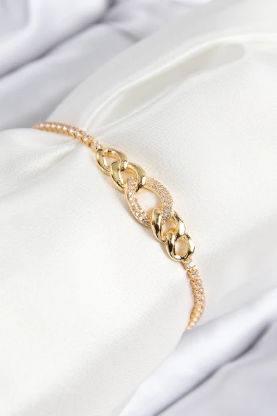 Pirinç Zirkon Taşlı Zincir Model Gold Renk Asansörlü Kadın Bileklik - EBJ250816W37442 ürün görseli