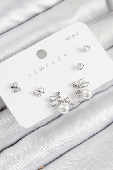 Pirinç Zirkon Taşlı İnci Melek Model Gümüş Renk 925 Ayar Gümüş Çivi Kadın Küpe Set - EBJ250816W37401 ürün görseli