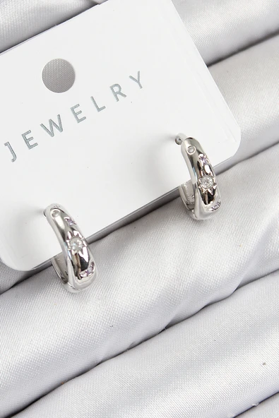 Pirinç Zirkon Taşlı Halka Model Gümüş Renk Kadın Küpe - EBJ250816W37158 ürün görseli