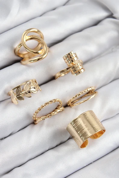 Pirinç Yaprak Model Gold Renk Kadın Yüzük Kombin Set - EBJ250816W37416 ürün görseli