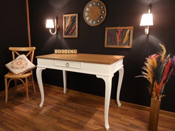 Wooding Mobilya 110 Cm Çekmeceli Masif Beyaz Natürel Çalışma Masası - Resim 3