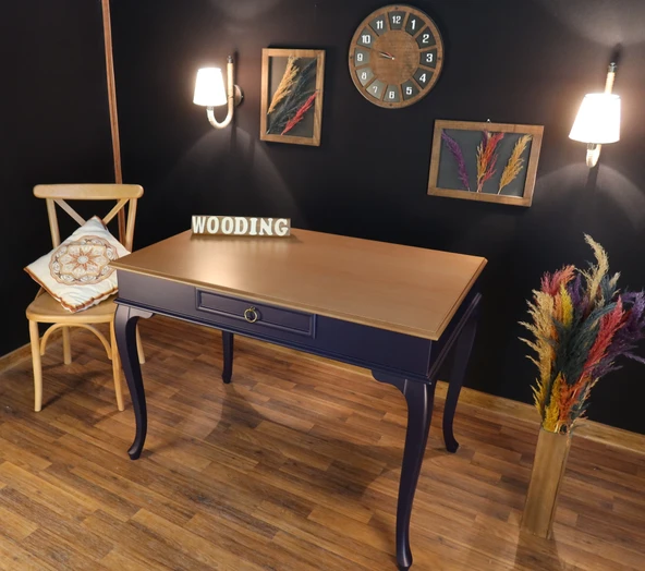 Wooding Mobilya 110 Cm Çekmeceli Masif Lacivert Natürel Çalışma Masası ürün görseli 1