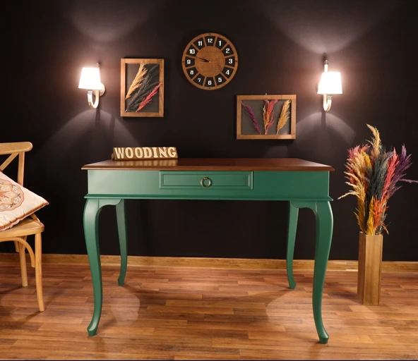 Wooding Mobilya 110 Cm Çekmeceli Masif Yeşil Ceviz Çalışma Masası - 3