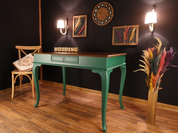 Wooding Mobilya 110 Cm Çekmeceli Masif Yeşil Ceviz Çalışma Masası - 5