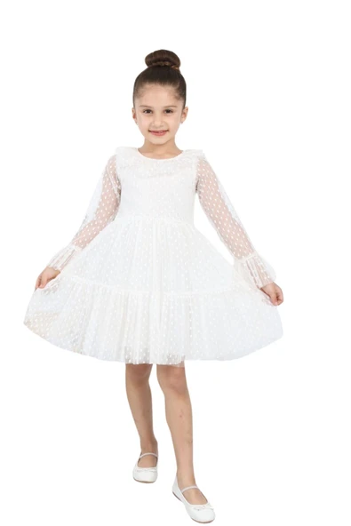 Puantiyeli Tüllü Beyaz Kız Çocuk Elbise ürün görseli