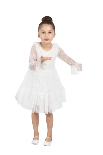 Puantiyeli Tüllü Beyaz Kız Çocuk Elbise - Resim 2