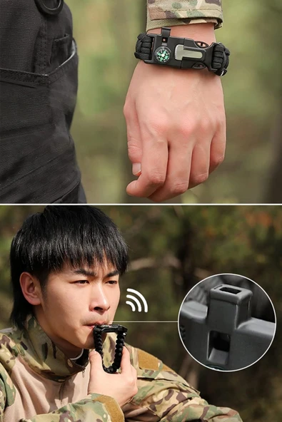 5'i 1 Arada Çok Fonksiyonlu Hayatta Kalma Bilekliği Pusula, Düdük, Çakmak Taşı ve Şemsiye İpi Bileklik - Resim 7