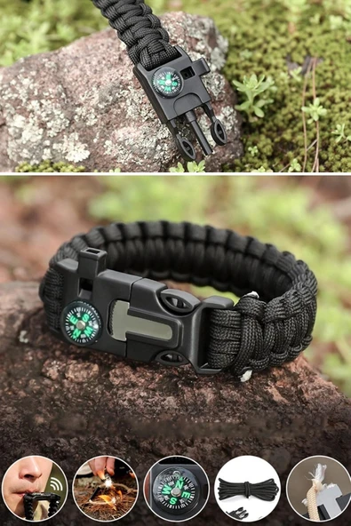 5'i 1 Arada Çok Fonksiyonlu Hayatta Kalma Bilekliği Pusula, Düdük, Çakmak Taşı ve Şemsiye İpi Bileklik - Resim 6