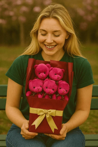 Peluş Ayıcık Buketi Fuşya – 5’li Sevimli Teddy Bear Aranjmanı | Hediyelik ve Dekoratif - Resim 2