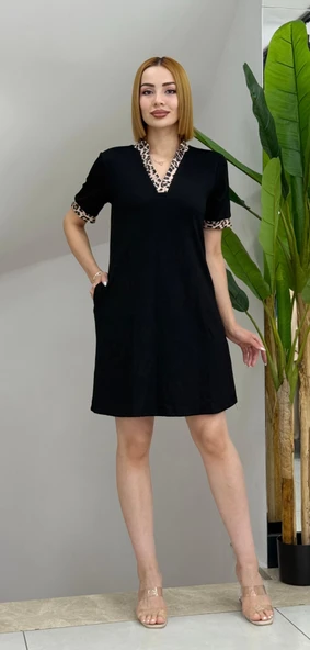 Lucky Life Kadın Kısa Kollu V Yakalı Leopar Desen Detaylı Modal Elbise - Resim 5