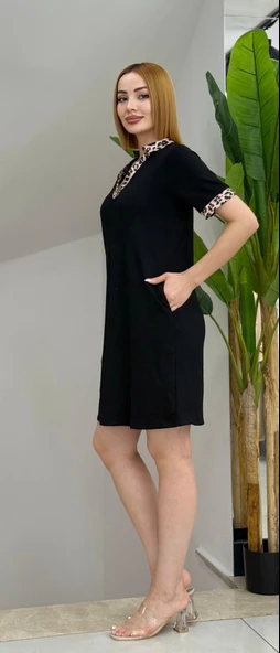 Lucky Life Kadın Kısa Kollu V Yakalı Leopar Desen Detaylı Modal Elbise ürün görseli 1