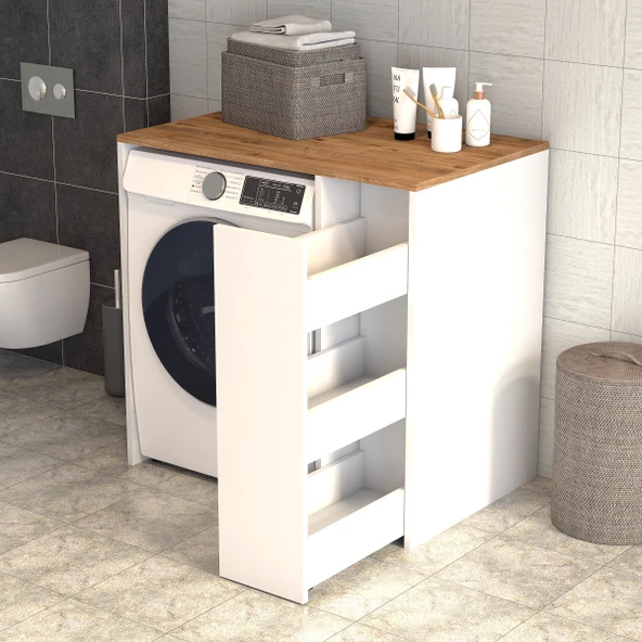 Atlas Çekmeceli Raflı Çamaşır Makinası Dolabı Çam Beyaz - BDL0503 ürün görseli