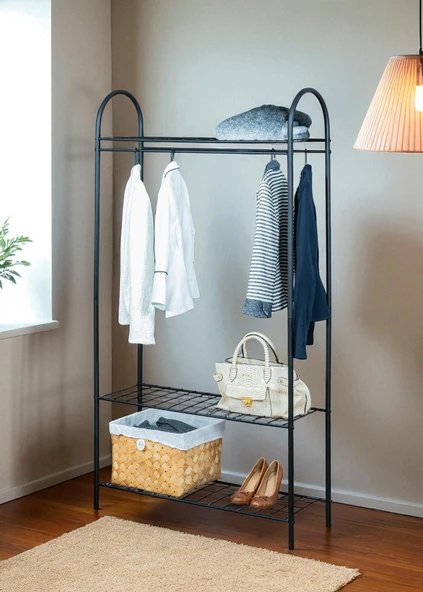 DEKORATİF SİYAH METAL ELBİSE ASKILIĞI 3 RAFLI ÇOK AMAÇLI AYAKLI PORTMANTO VE KONFEKSİYON ASKILIĞI - 7