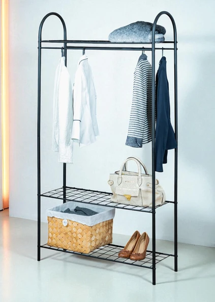 DEKORATİF SİYAH METAL ELBİSE ASKILIĞI 3 RAFLI ÇOK AMAÇLI AYAKLI PORTMANTO VE KONFEKSİYON ASKILIĞI - 6