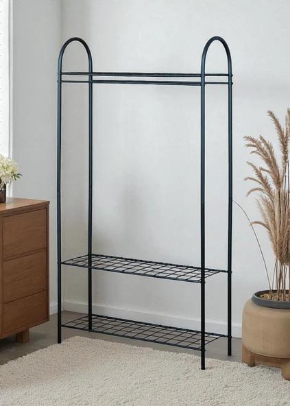 DEKORATİF SİYAH METAL ELBİSE ASKILIĞI 3 RAFLI ÇOK AMAÇLI AYAKLI PORTMANTO VE KONFEKSİYON ASKILIĞI - 8