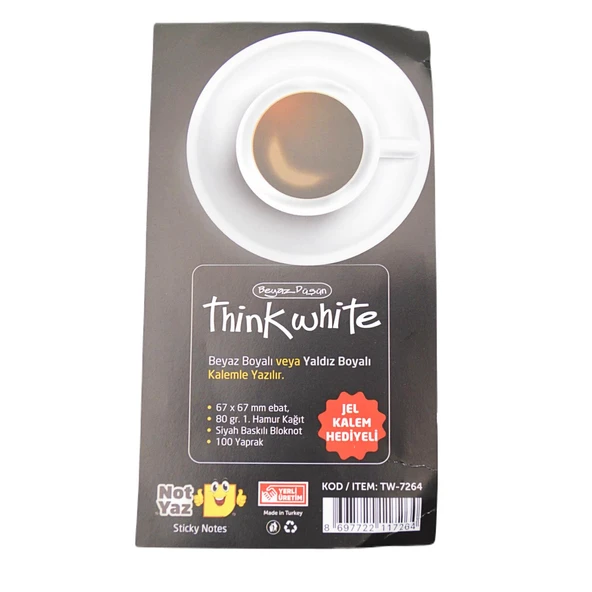 NotYaz Think White Beyaz Jel Kalemli Yapışkanlı Not Kağıdı Siyah (TW-7264) - Resim 3