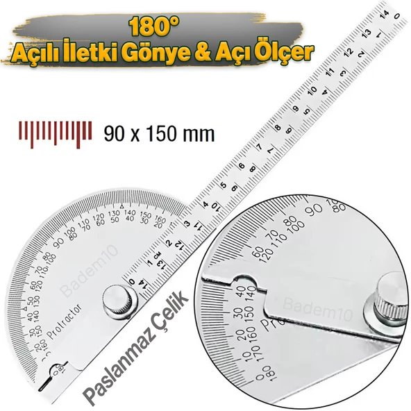 90x150 Mm Paslanmaz Çelik 180° Derece Çok Fonksiyonlu Marangoz Aleti Gönye Açı Ölçer Cetvel İletki - Resim 2