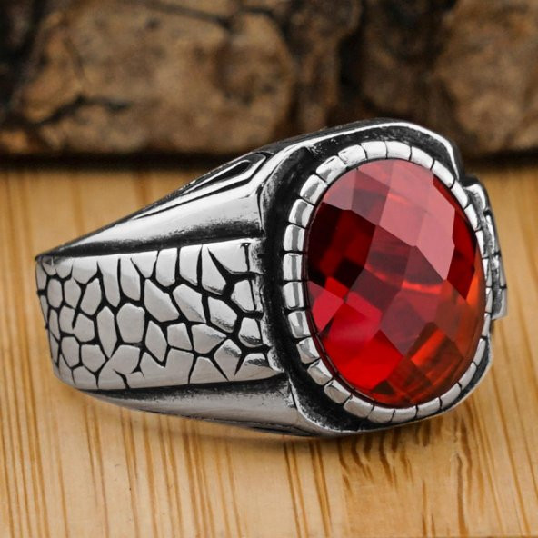 Oval Kırmızı Zirkon Taşlı Desenli 925 Ayar Gümüş Yüzük ürün görseli 1