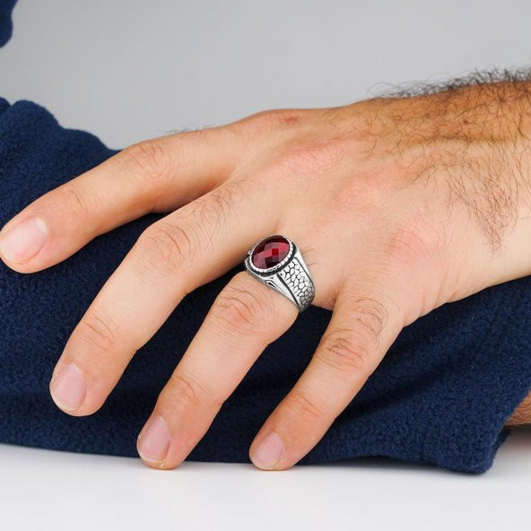 Oval Kırmızı Zirkon Taşlı Desenli 925 Ayar Gümüş Yüzük - Resim 2