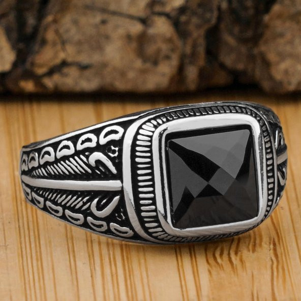 Siyah Kare Zirkon Taşlı Desenli 925 Ayar Gümüş Yüzük ürün görseli 1