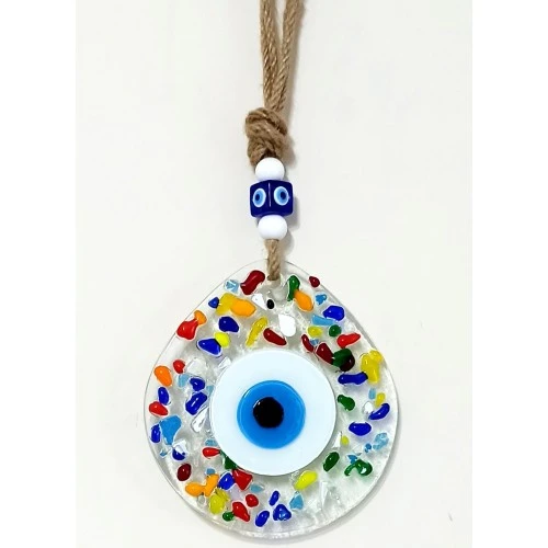 Gökkuşağı Renklerinde Nazar Boncuklu Damla Model Şeffaf Cam Duvar Süsü ürün görseli