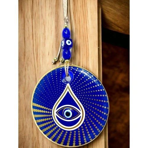 Gold Puantiyeli Mavi Cam Nazar Boncuklu Göz Duvar Süsü - Resim 4