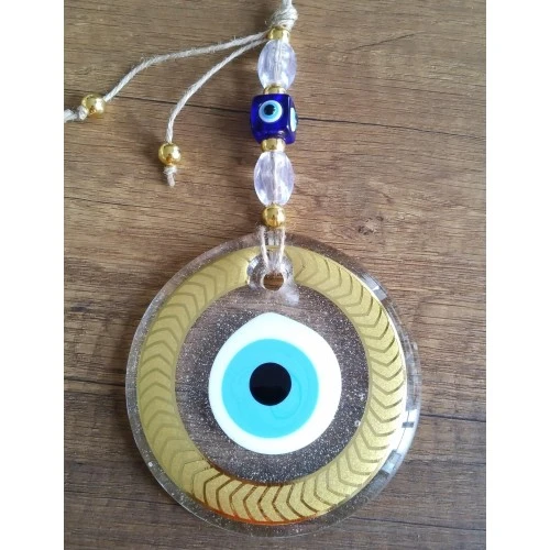 Altın Yaldızlı Nazar Boncuklu Şeffaf Cam Duvar Süsü - Resim 3