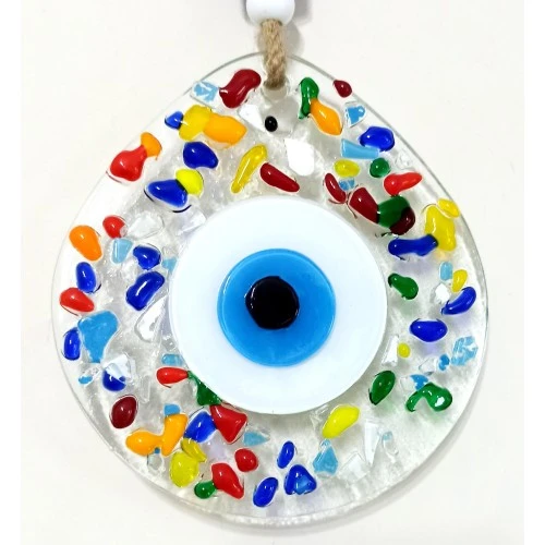 Gökkuşağı Renklerinde Nazar Boncuklu Damla Model Şeffaf Cam Duvar Süsü - Resim 3