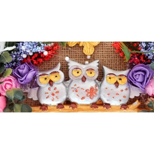 Baykuş Ailesi Hoşgeldiniz Yazılı Çiçekli El Yapımı Kapı Süsü - Resim 2