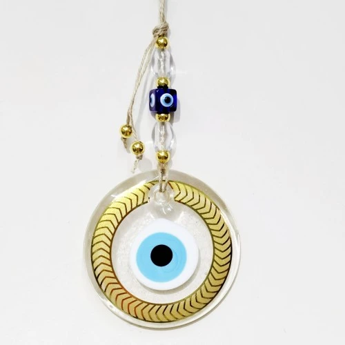 Altın Yaldızlı Nazar Boncuklu Şeffaf Cam Duvar Süsü ürün görseli