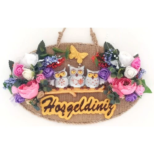 Baykuş Ailesi Hoşgeldiniz Yazılı Çiçekli El Yapımı Kapı Süsü - Resim 3