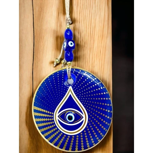 Gold Puantiyeli Mavi Cam Nazar Boncuklu Göz Duvar Süsü - Resim 2