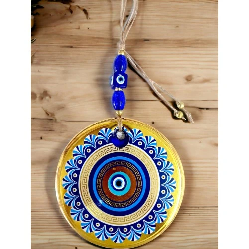 Gold Cam Üzeri Mavi Motifli Nazar Boncuklu Göz Detaylı Duvar Süsü - 2