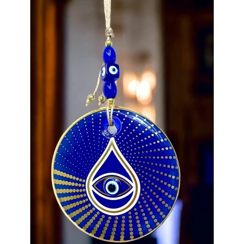Gold Puantiyeli Mavi Cam Nazar Boncuklu Göz Duvar Süsü - Resim 3