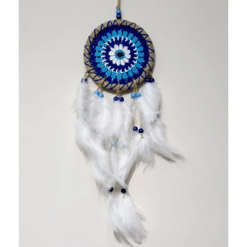 Nazar Boncuğu Desenli Dream Catcher El Yapımı Kuş Tüylü Rüya Kapanı Duvar Süsü - Resim 3