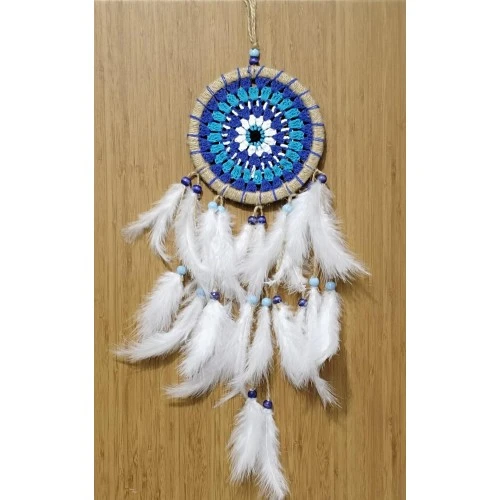 Nazar Boncuğu Desenli Dream Catcher El Yapımı Kuş Tüylü Rüya Kapanı Duvar Süsü - Resim 2
