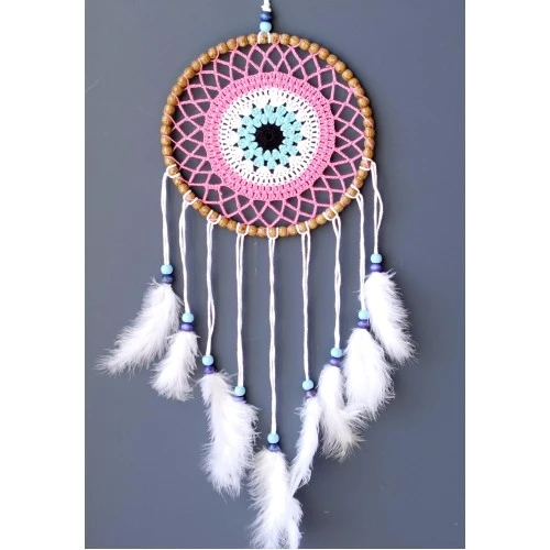 Nazar Boncuğu Motifli Düş Kapanı El Yapımı Pembe Duvar Süsü - Resim 3