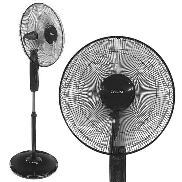 Everest FAN11 Cool Air 16'' 45 Watt 5 Pervaneli 3 Kademe 1200RPM Zaman Ayarlı Vantilatör Siyah ürün görseli 1