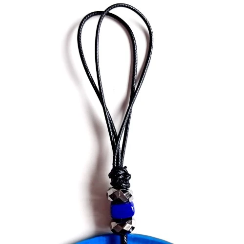 Nazar Boncuklu El Yapımı Deri İpli Açık Mavi Şeffaf Cam Duvar Süsü - Resim 2