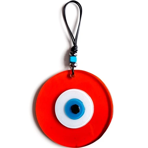 Mavi Nazar Boncuklu El Yapımı Deri İpli Turuncu Renk Şeffaf Cam Duvar Süsü ürün görseli