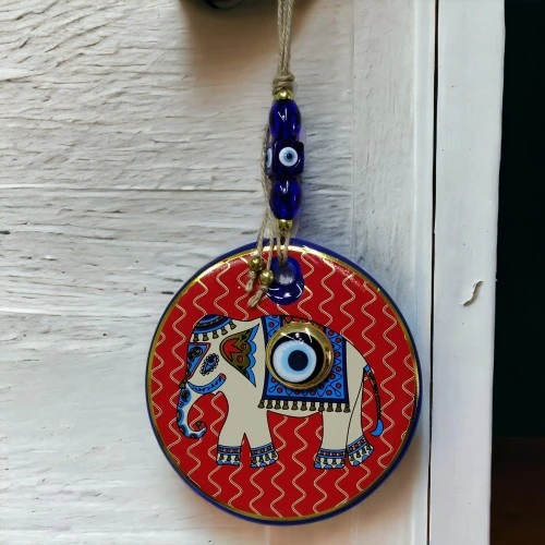 Kırmızı Bereket Getiren Filli Nazar Boncuklu Duvar Süsü Cam Duvar Dekoru ürün görseli